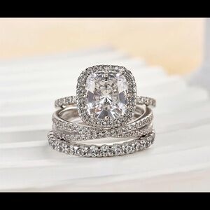 Effinny Sterling Silver 3 pc Bridal set Cushion Cut Halo